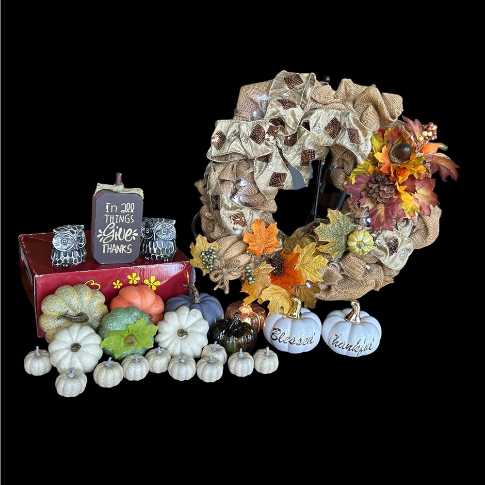 Fall Decor 20" light‎ up wreath 20 Pumpkins 2 Owls & 1 Wood "Give Thanks" plaque